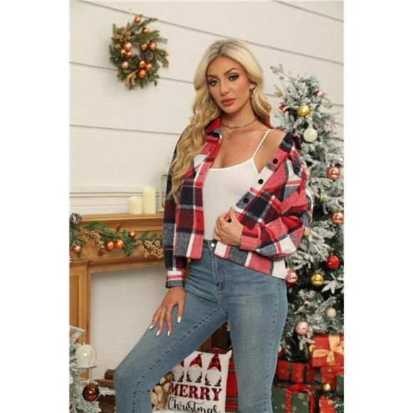 Women Cropped Shacket Jacket Fashion Plaid Button‎ Down Shirt Fall Coat Tops - Picture 2 of 6